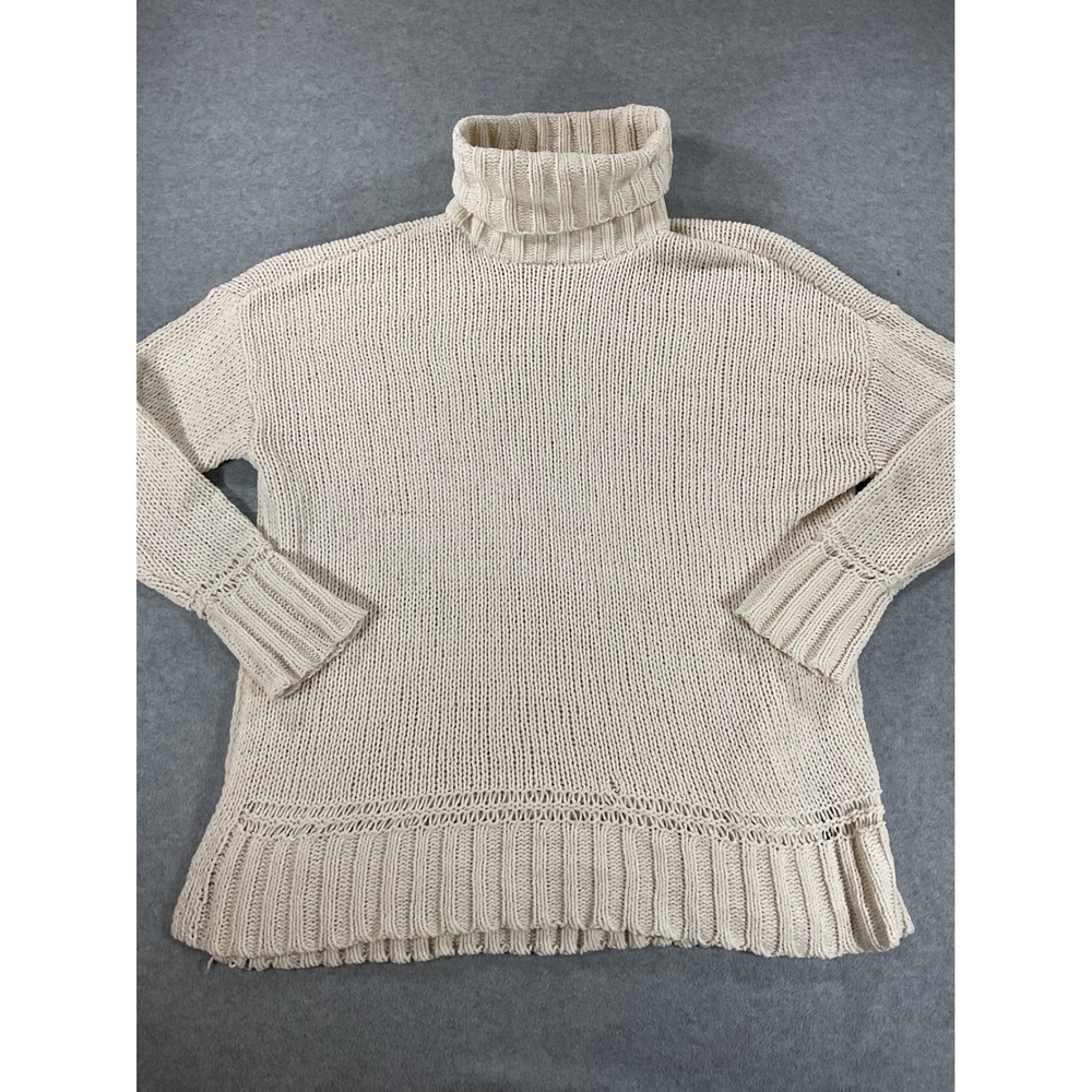 Aerie Cream Chunky Knit Turtleneck Sweater Oversized Pointelle Detail XS/TP 2856